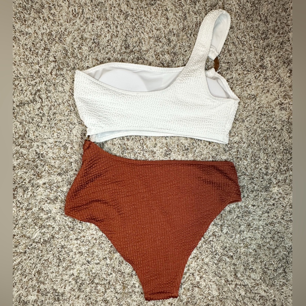 SHEIN Women’s White/Brown One Piece Swimsuit Ribbed One Shoulder with Cutout- M - Picture 2 of 6